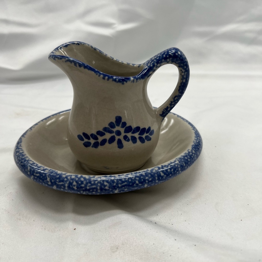 Loomco 3.5" Stoneware Blue Trim Farm House Country Floral Pitcher Wash Bowl